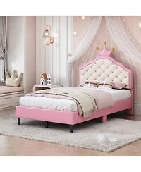 Streamdale Furniture Twin Size Lovely Crown Fantasy Pu Leather Princess Bed with Tufted Headboard, Pink+Cream