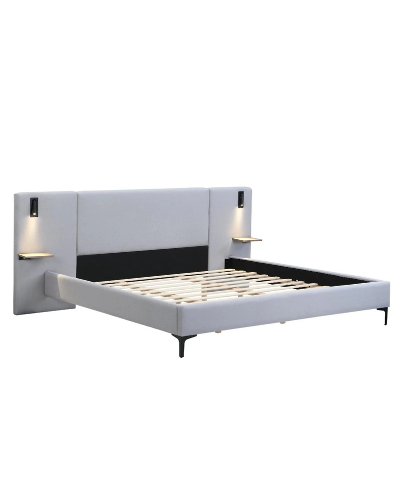 Streamdale Furniture Chic Linen Upholstered Bed with Integrated Lights and Shelves King