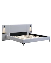 Streamdale Furniture Chic Linen Upholstered Bed with Integrated Lights and Shelves King