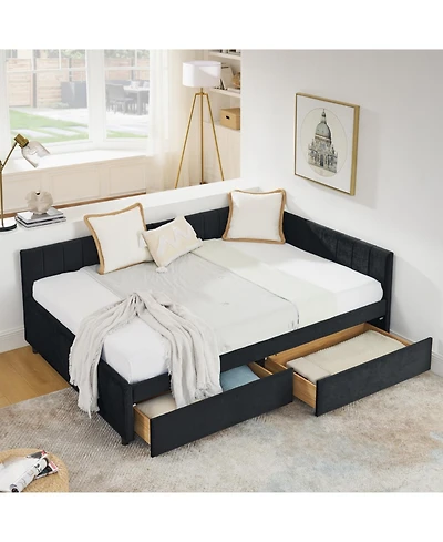 Streamdale Furniture Tufted Upholstered Bed Frame with Drawers Velvet Black