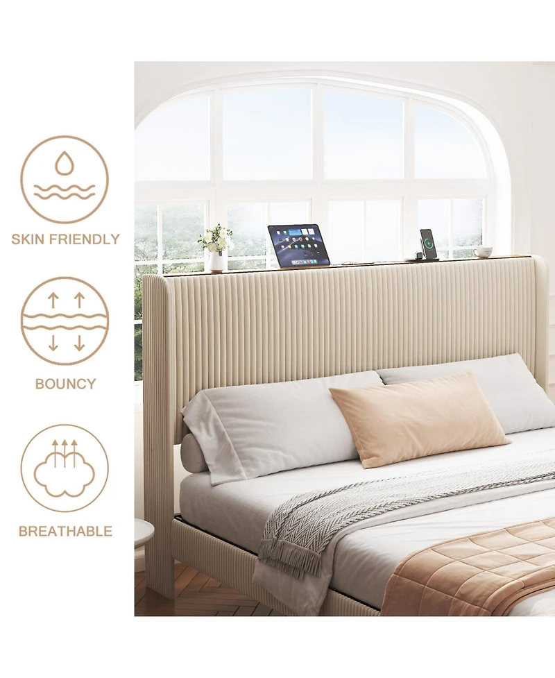 Streamdale Furniture King Beige Platform Bed with Charging Station