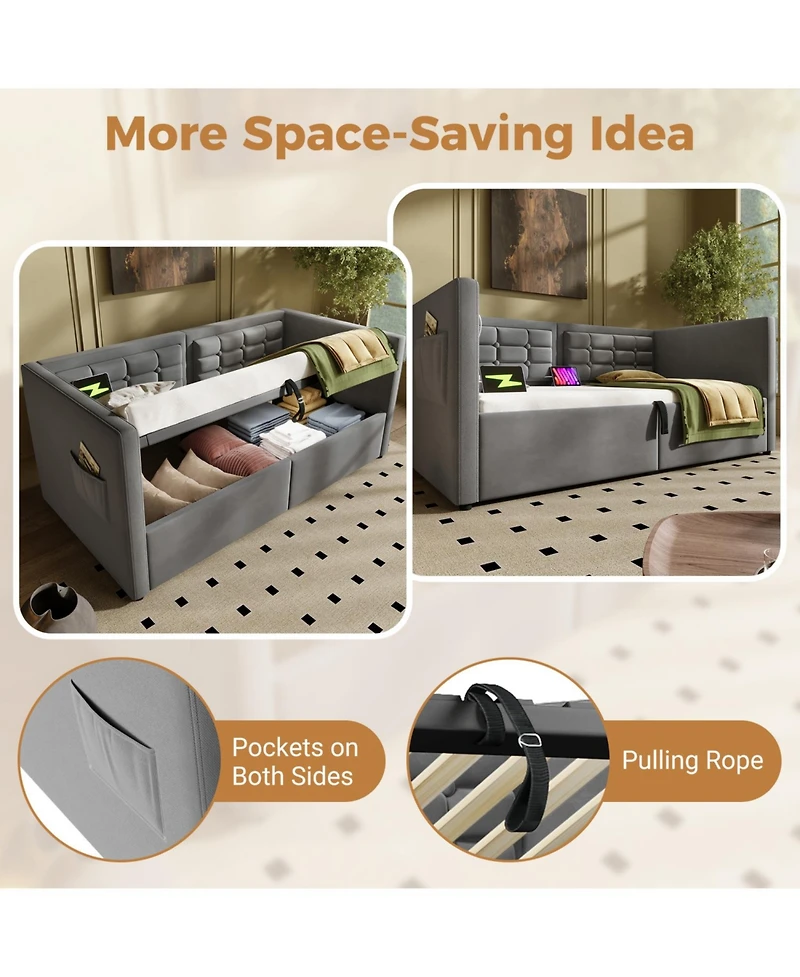 Streamdale Furniture Upholstered Twin Daybed with Hydraulic Storage, Usb Charging, Tufted Back, Gray Velvet