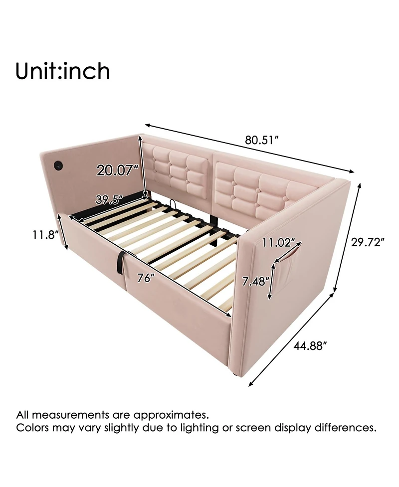 Streamdale Furniture Velvet Twin Daybed with Usb Charging & Storage