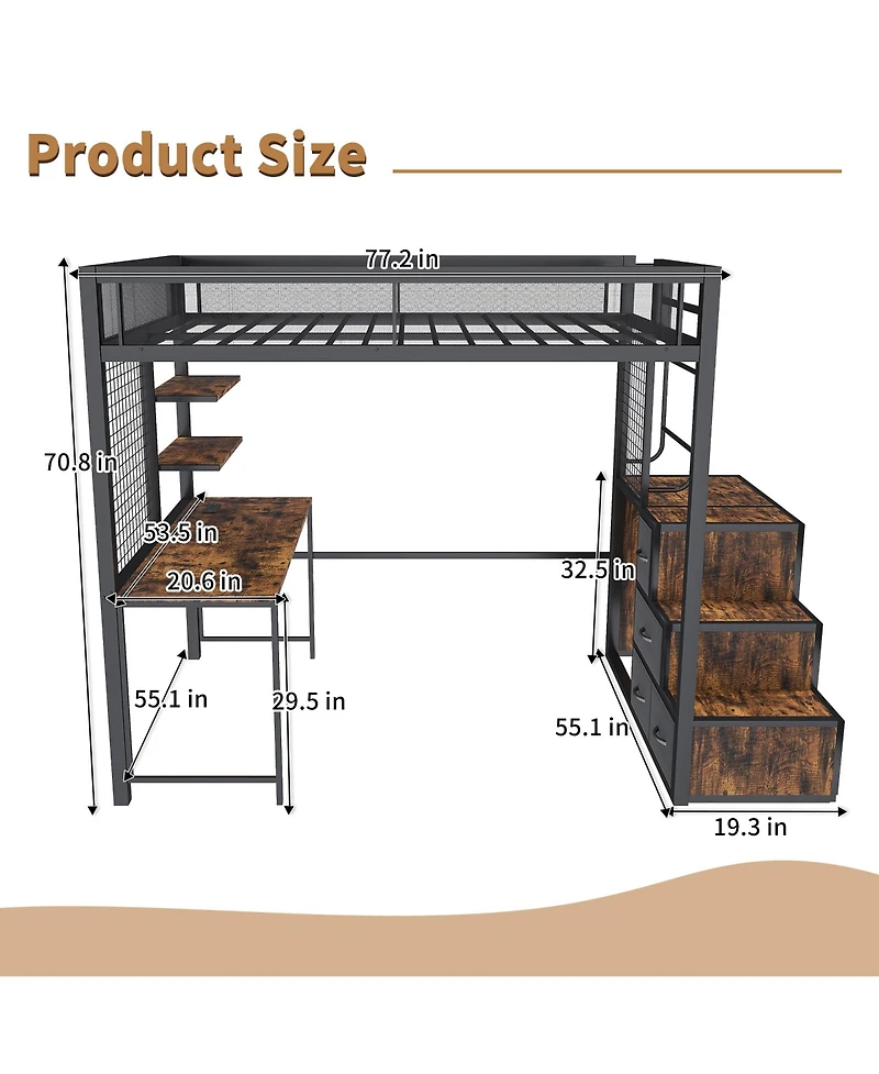 Streamdale Furniture Loft Bed with Desk, Usb, Drawers, Stairs & Storage - Black