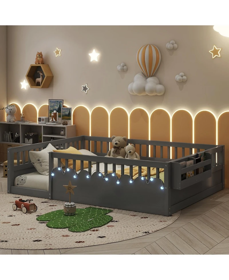 Streamdale Furniture + Twin Size + Wood + Rails, Light & Shelf + Floor Bed Frame