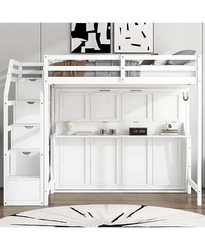 Streamdale Furniture Full Xl Loft Bed w/ Storage Stairs & Full Murphy Bed, Led