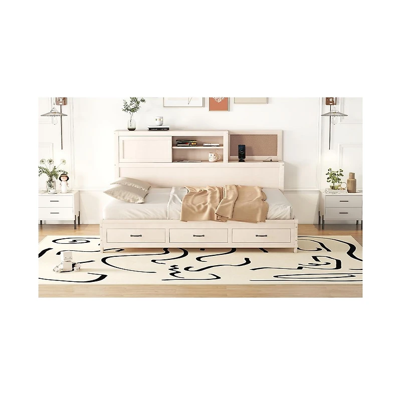 Streamdale Furniture White Wooden Daybed with 3 Storage Drawers, Shelf & Usb Ports