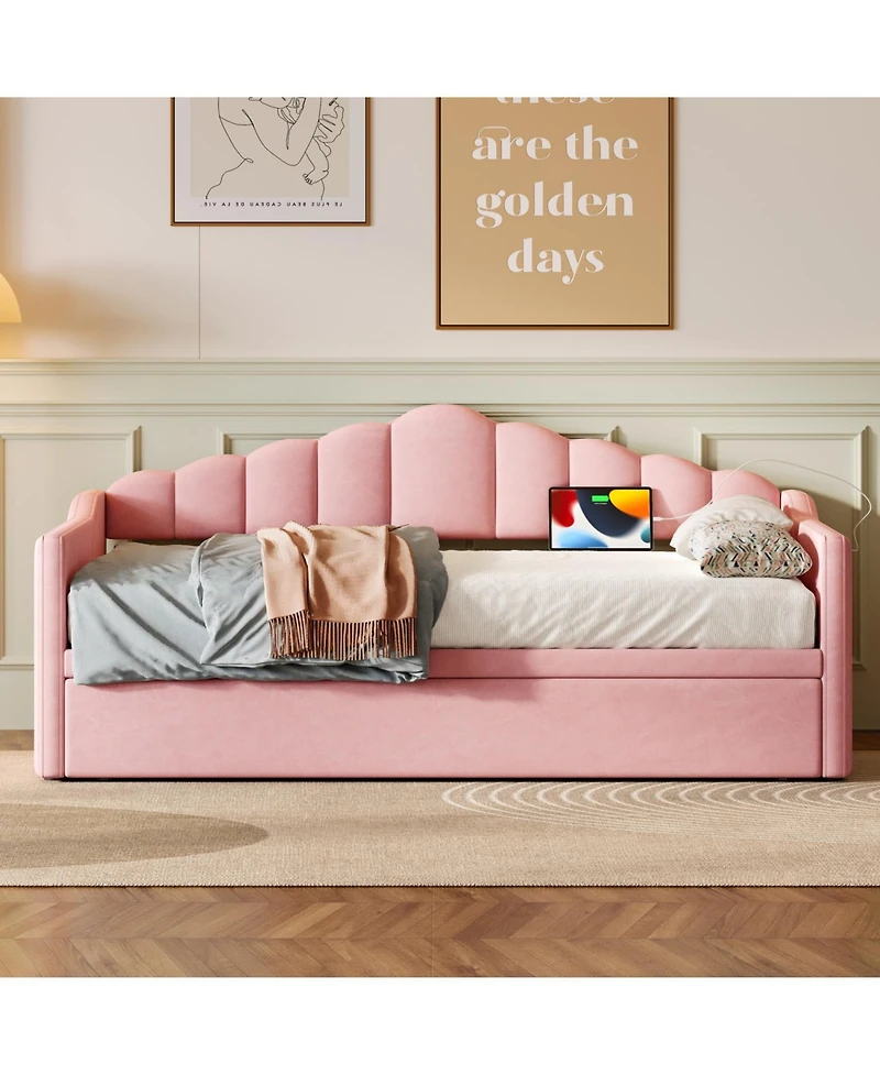 Streamdale Furniture Upholstered Twin Daybed with Pop Up Trundle, Usb Port, Pockets, No Box Spring