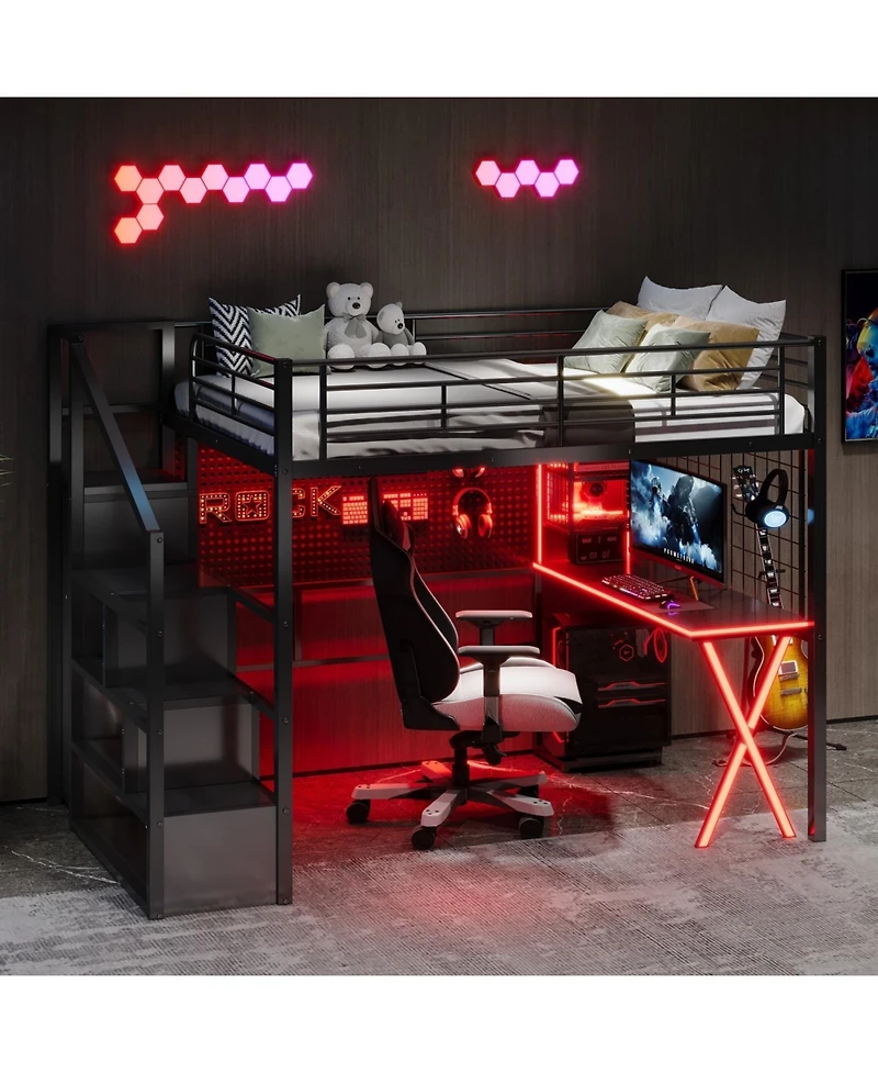 Streamdale Furniture Metal Loft Bed with Work Station, Wardrobe & Storage