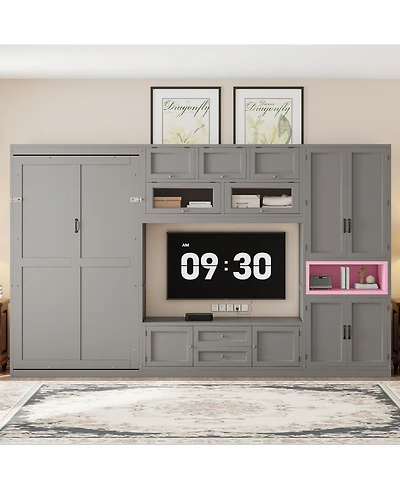 Streamdale Furniture Twin Gray Wooden Murphy Bed with Tv Stand, Drawers & Shelves
