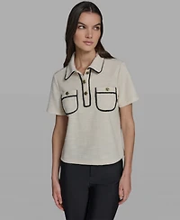Karl Lagerfeld Paris Women's Knit Henley with Framing Collared Top