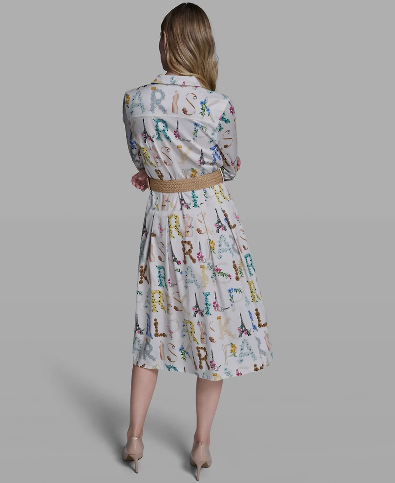 Karl Lagerfeld Paris Women's Allover Print Belted Collared Shirt Dress