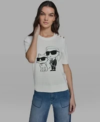 Karl Lagerfeld Paris Womens Karl Choupette Crew Neck Graphic Sweater