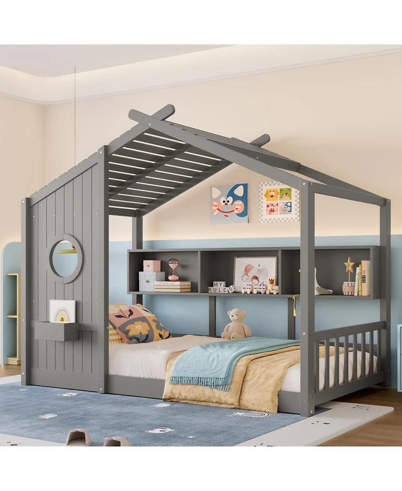 Streamdale Furniture Twin Floor House Bed Toddler, Montessori with Shelf, Playhouse Bed, Gray