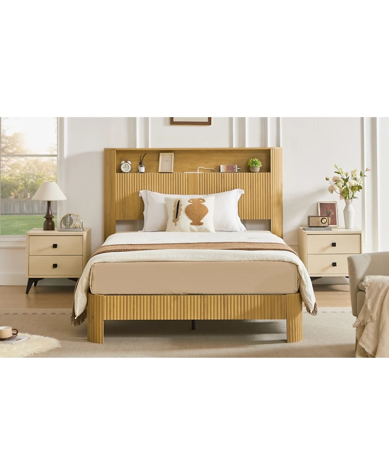 Streamdale Furniture Full Xl Bed Frame- Storage Headboard, Charging Station, Natural