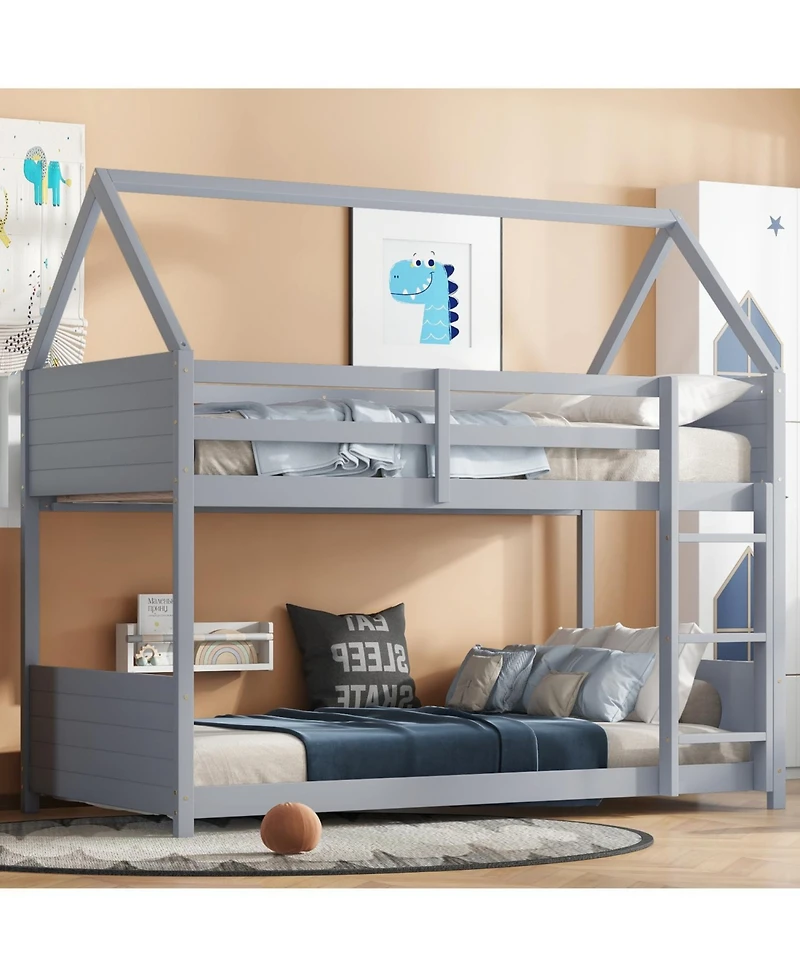Streamdale Furniture Twin Over Twin Wood Guardrails House Bunk Bed