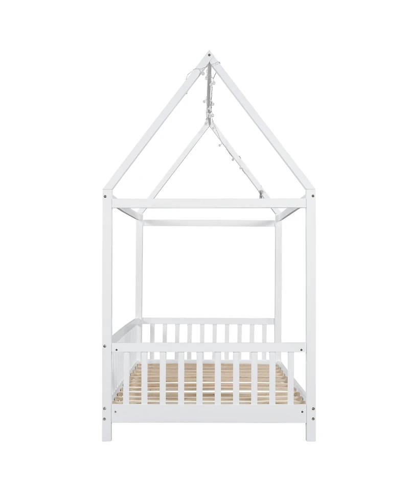 Streamdale Furniture Wood Twin Size House Bed with Guardrail and Led
