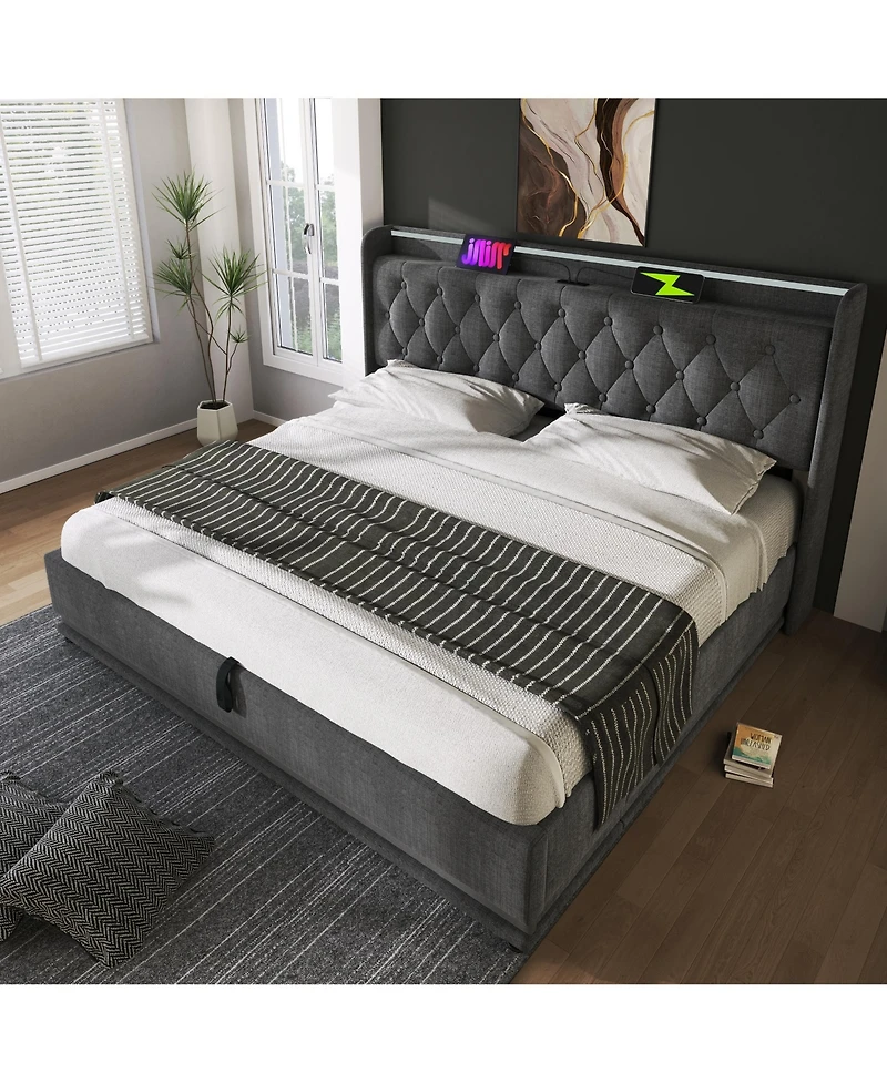 Streamdale Furniture King Upholstered Bed with 360° Led Lighting, Hydraulic Storage, and Usb-c Ports