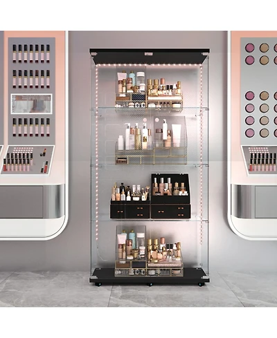 Streamdale Furniture Black Tempered Glass Cabinet w/ Led, Lock & Wheels