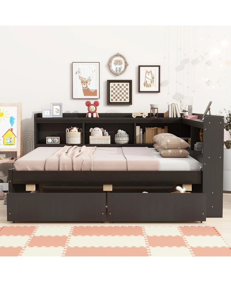 Streamdale Furniture L-Shaped Bed with Bookcase, Drawers, Usb & Power - Espresso