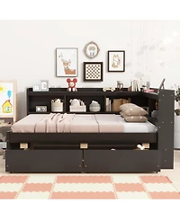 Streamdale Furniture L-Shaped Bed with Bookcase, Drawers, Usb & Power - Espresso