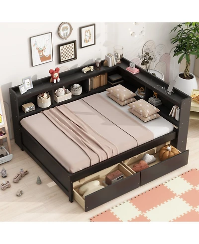 Streamdale Furniture L-Shaped Bed with Bookcase, Drawers, Usb & Power - Espresso