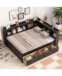 Streamdale Furniture L-Shaped Bed with Bookcase, Drawers, Usb & Power - Espresso