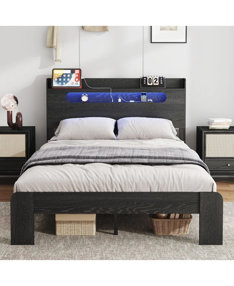 Streamdale Furniture King Wood Bed Frame Led Usb Storage