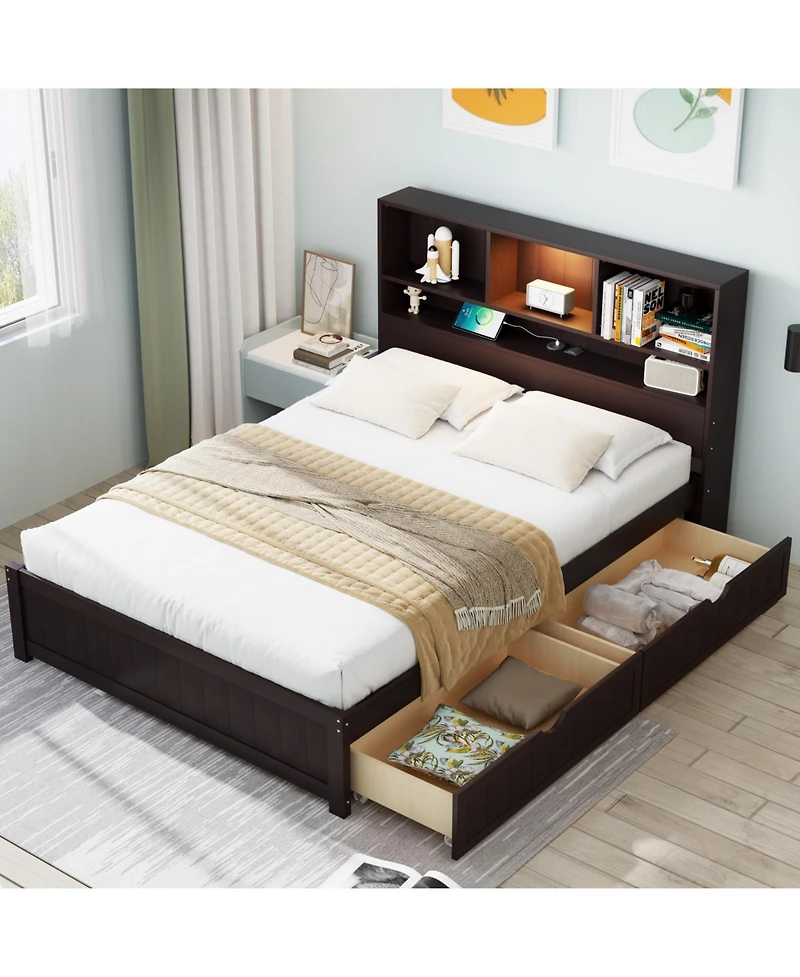 Streamdale Furniture Twin Platform Bed with Bookcase Headboard, Downlight, Charger, Drawers