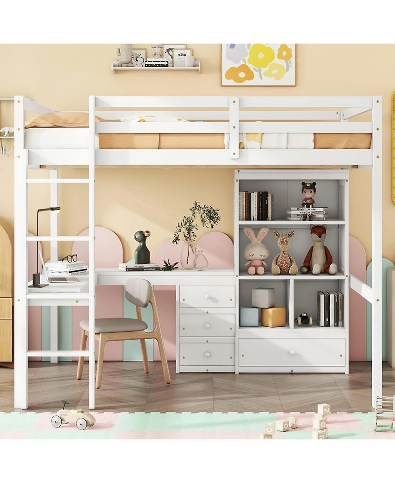 Streamdale Furniture Loft Bed with Desk, Shelves, Drawers & Guardrails