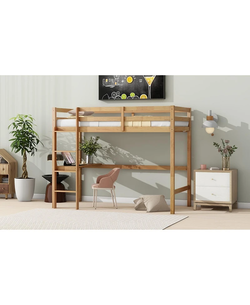 Streamdale Furniture Twin Loft Bed with Desk and Guardrail, White Oak