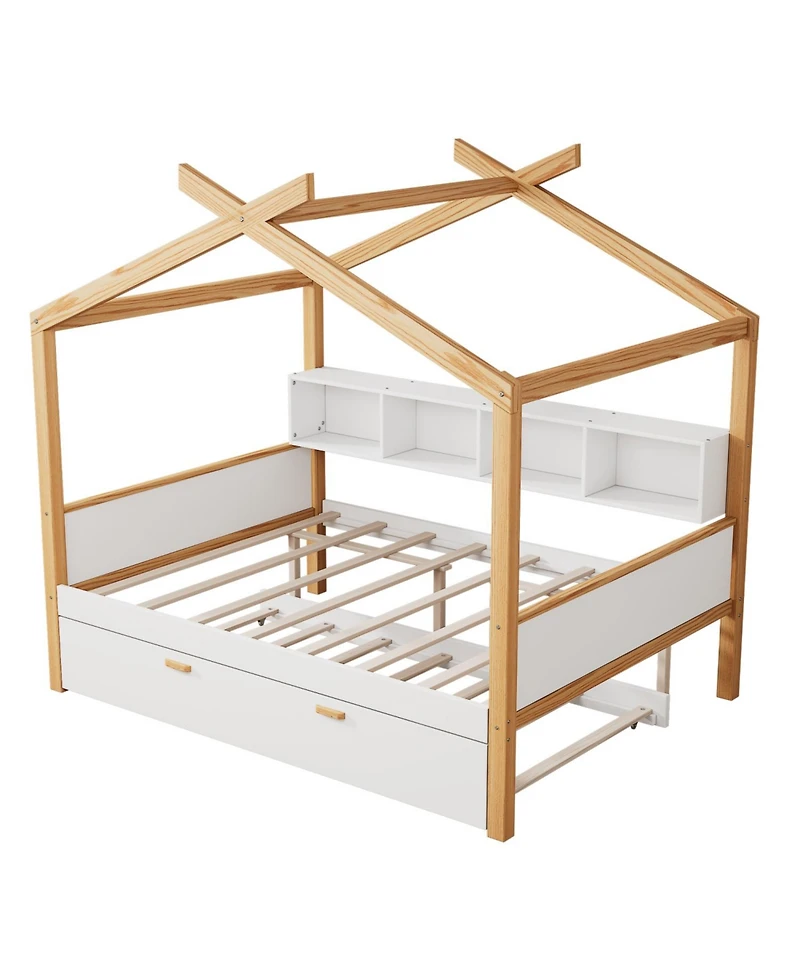 Streamdale Furniture Wooden House Bed with Trundle and Bookshelf