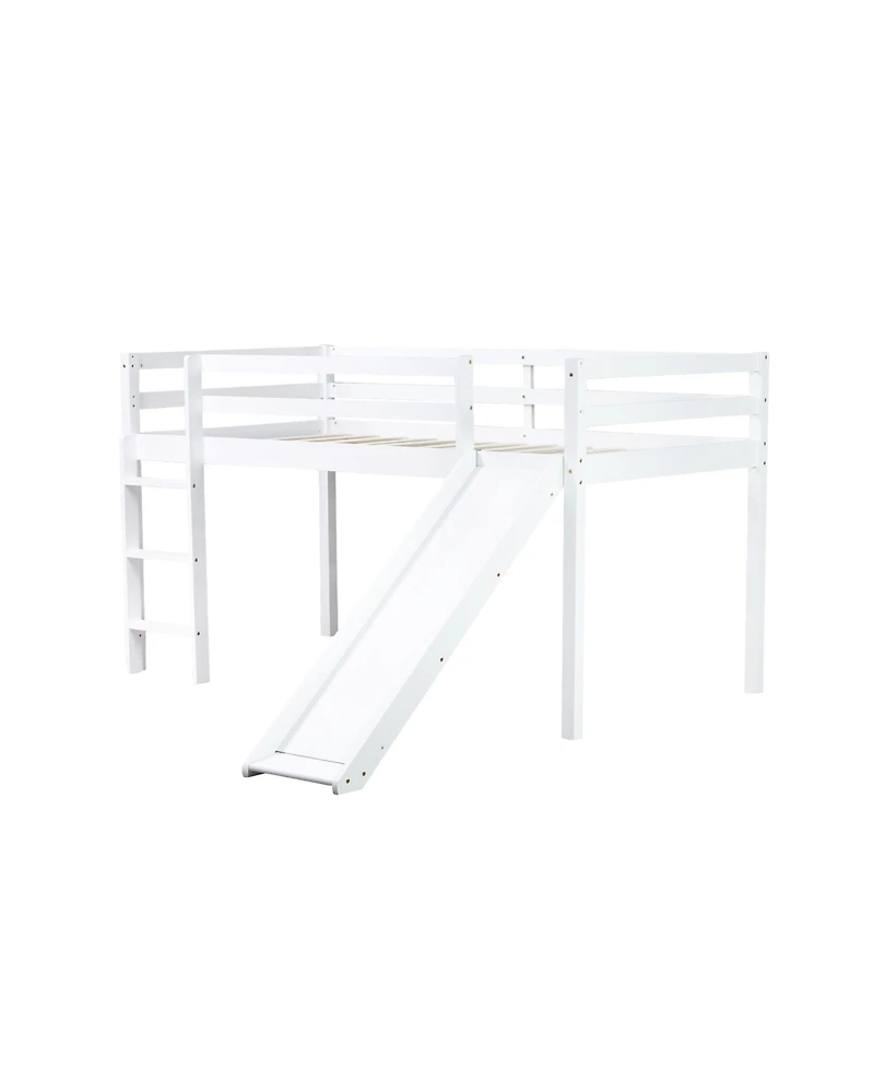 Streamdale Furniture Twin Low Loft Bed with Slide, Ladder, Safety Guardrails, Rubber Wood Twin Loft Bed,White