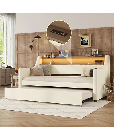 Streamdale Furniture Twin Size Daybed with Trundle, Upholstered Daybed with Charging Station and Led Lights
