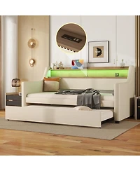 Streamdale Furniture Twin Size Daybed with Trundle, Upholstered Daybed with Charging Station and Led Lights