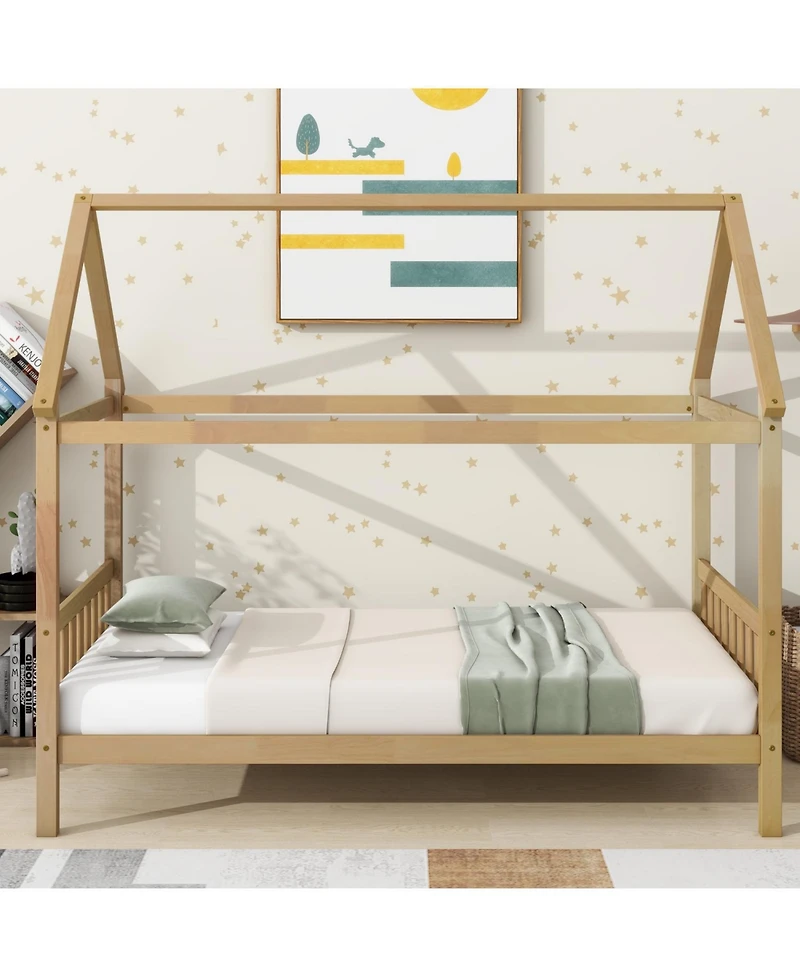 Streamdale Furniture Twin House Bed with Headboard and Footboard, Twin Rubber Wood Bed with House Frame,White Oak