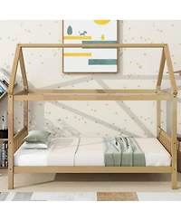 Streamdale Furniture Twin House Bed with Headboard and Footboard, Twin Rubber Wood Bed with House Frame,White Oak