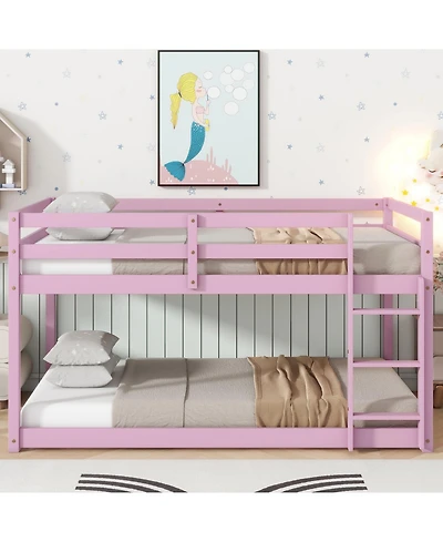 Streamdale Furniture Solid Wooden, Solid Rubber Wooden Twin over Twin Loft Bed with Ladder, with Bed Platform of Strengthened Slats, Pink