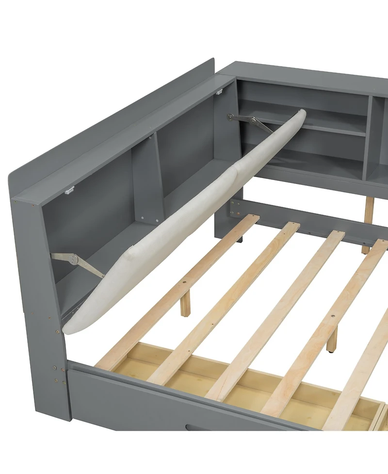 Wood Full Size platform bed with Storage Headboard, Shelves and 2 Drawers, White