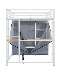 Streamdale Furniture Full Size Loft Metal Bed with Desk,Shelves,Power Outlet,Led Light and Wardrobe