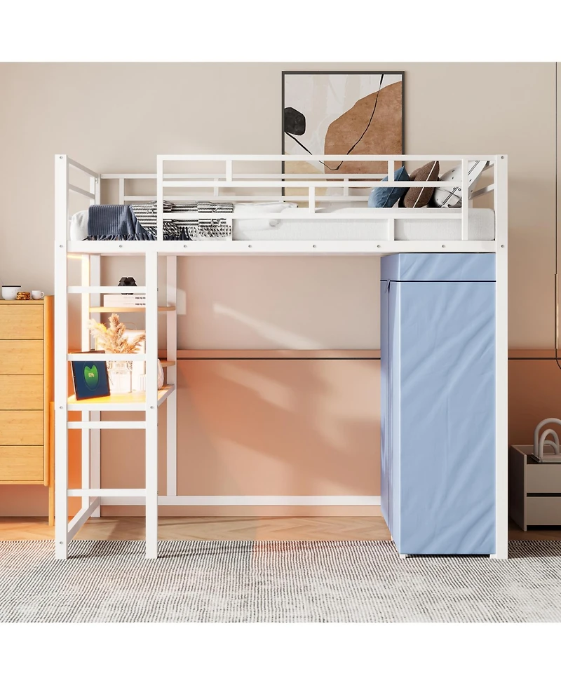 Streamdale Furniture Twin Size Loft Metal Bed with Desk,Shelves,Power Outlet,Led Light and Wardrobe
