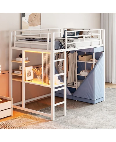 Streamdale Furniture Twin Size Loft Metal Bed with Desk,Shelves,Power Outlet,Led Light and Wardrobe
