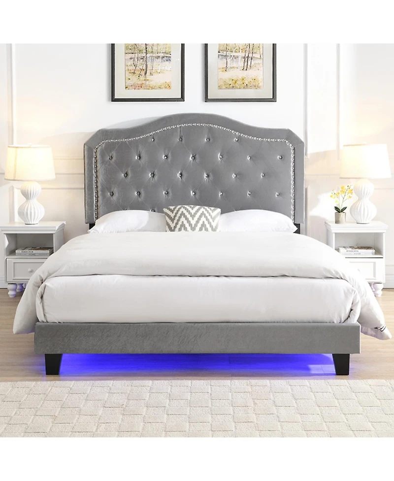 Streamdale Furniture Queen Upholstered Bed with Tufted Curve Design, Led Platform, Strong Wood Slats, Easy Setup - Light Grey Velvet