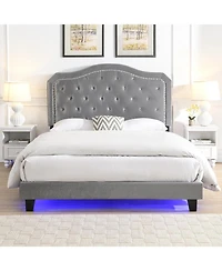 Streamdale Furniture Queen Upholstered Bed with Tufted Curve Design, Led Platform, Strong Wood Slats, Easy Setup - Light Grey Velvet