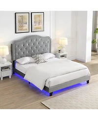 Streamdale Furniture Queen Upholstered Bed with Tufted Curve Design, Led Platform, Strong Wood Slats, Easy Setup - Light Grey Velvet