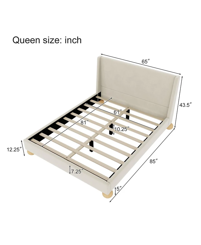 Streamdale Furniture + Queen Size + Velvet Upholstery + Wingback Headboard & Round Wooden Legs + Platform Bed