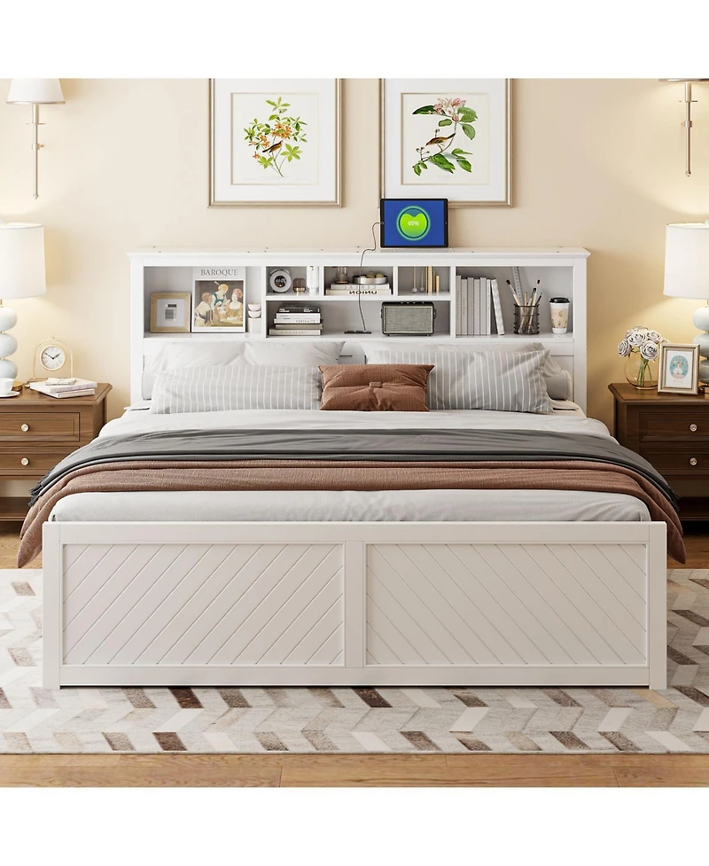 Streamdale Furniture Wood Platform Bed with Multi-storage Headboard, Usb and Drawers