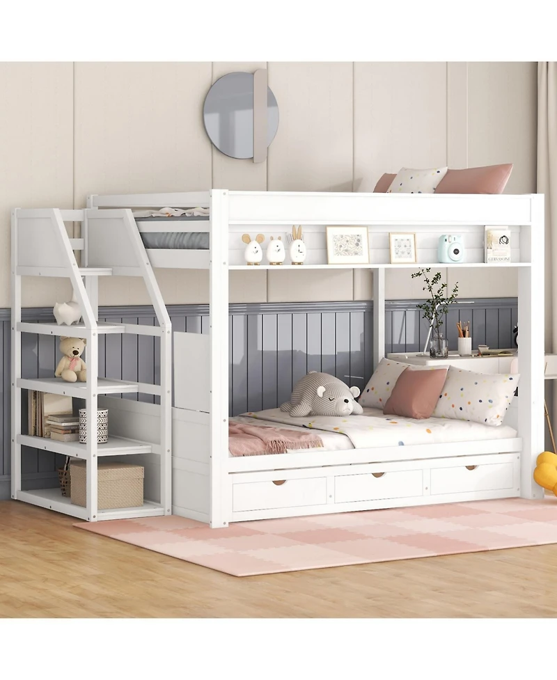 Streamdale Furniture Wood Full Convertible Bunk Bed with Storage Staircase, Bedside Table, and 3 Drawers, White