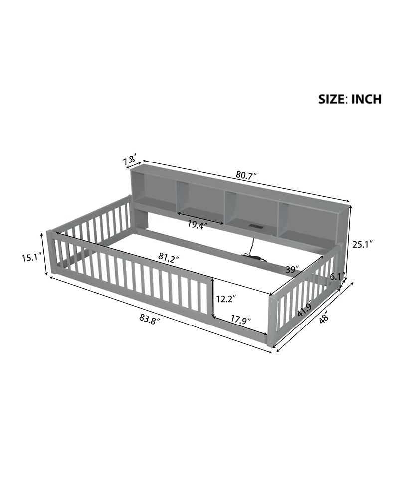 Streamdale Furniture Wood Twin Xl Floor Bed with Storage Cabinets and Usb Ports
