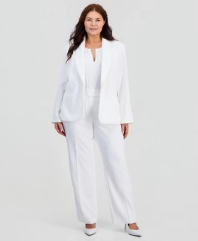 Kasper Plus Size Pearl Trim Shawl Collar Blaze Sleeveless Pearl Trim Blouse High Rise Straight Leg Pants